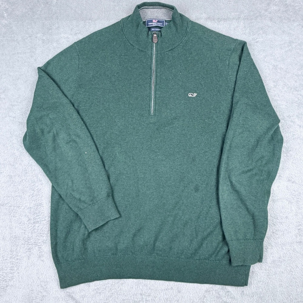Vineyard Vines Mens XL Green Cotton Cashmere Quarter Zip Sweater 1E0376 Logo